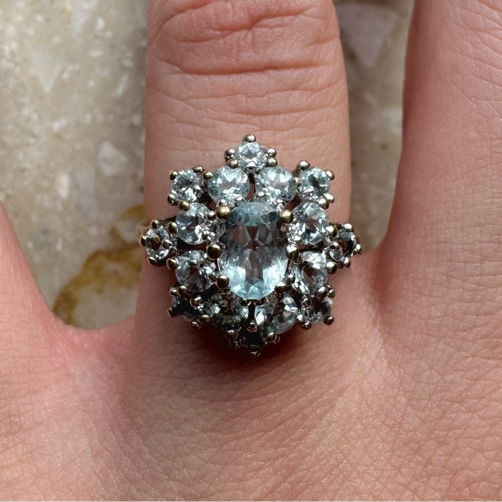 Vintage Aquamarine Yellow Gold Double Halo Starburst Ring